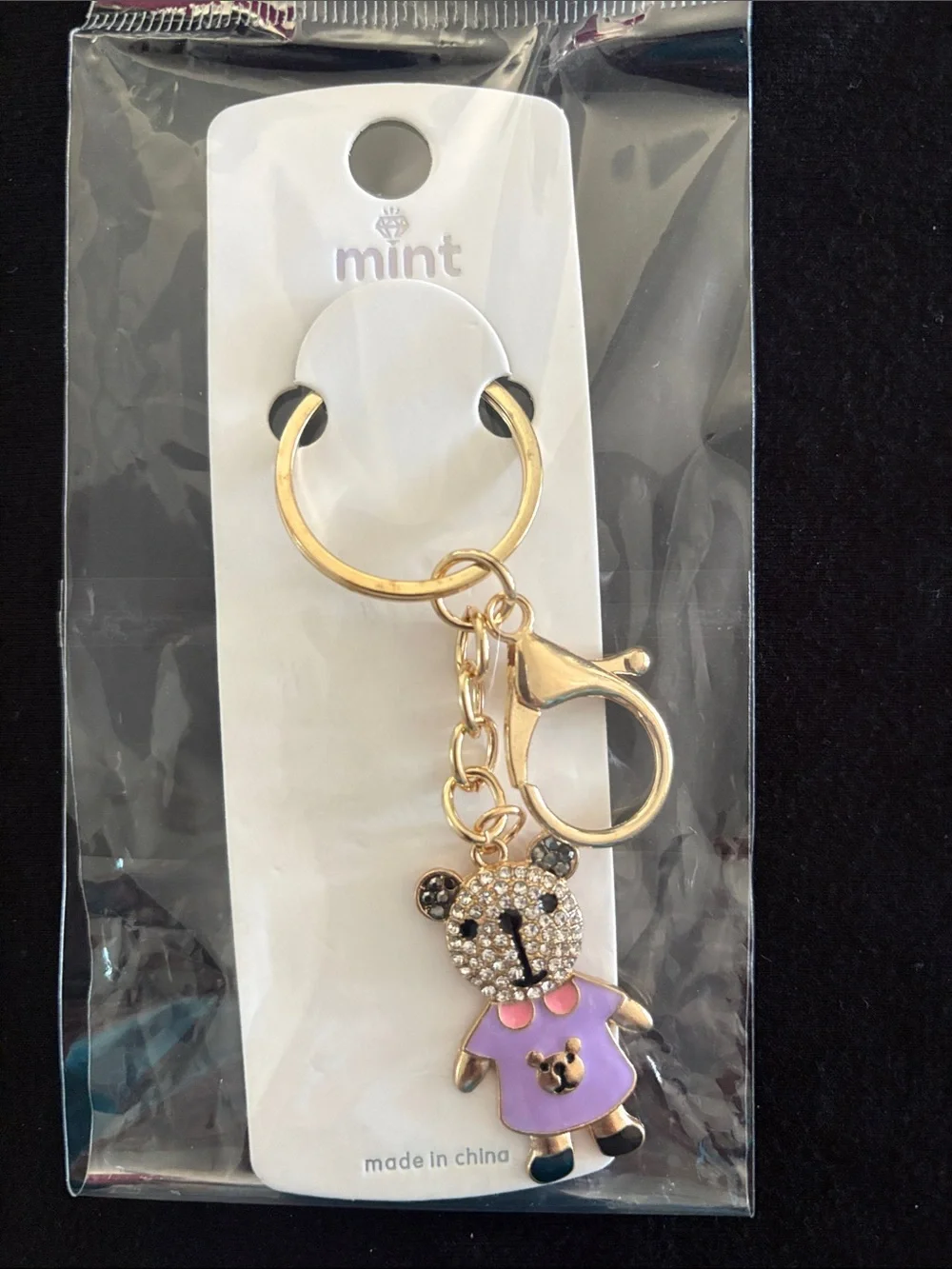 Cute Gold-Tone Crystal Teddy Bear Keychain Bag Charm with Lavender Dress
